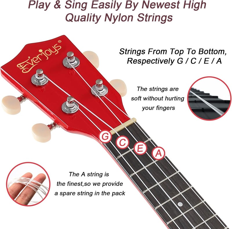 Everjoys Soprano Ukulele Beginner Kit for Adult w/Free Online Lesson 21 Inch Ukelele Gig Bag Strap String Tuner Pick Polishing Cloth - Image 3